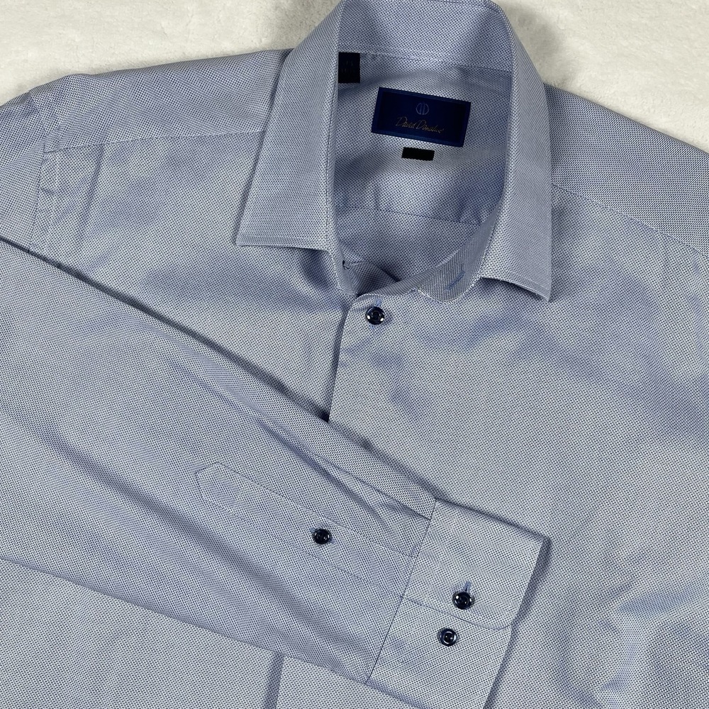 David Donahue Dress Shirt Mens 17.5 34/35 Blue Micro Dobby Weave Trim Fit Cotton
